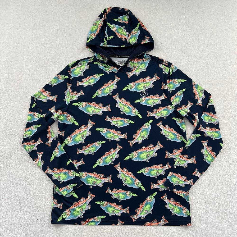 Googan Squad Men Hoodie Long Sleeve Navy Blue All Over Bass Fish Print Shirt M